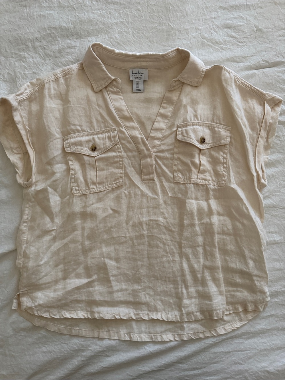 Linen Light Cream Split-Neck Utility Top